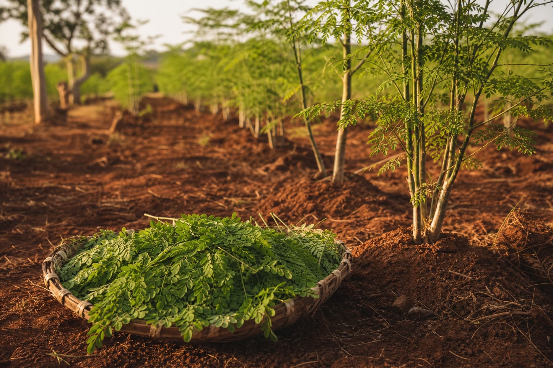 Moringa leaves in a shallow basket at a farm in Tamil Nadu