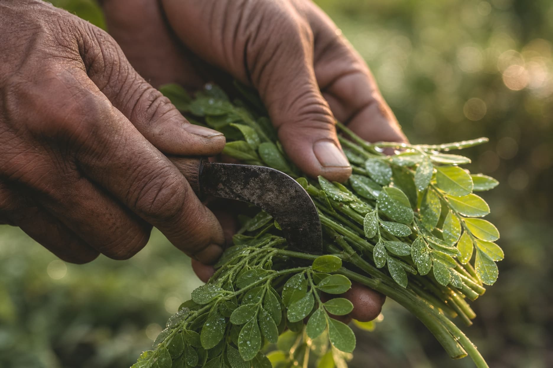 Hands cutting moringa stems at first light