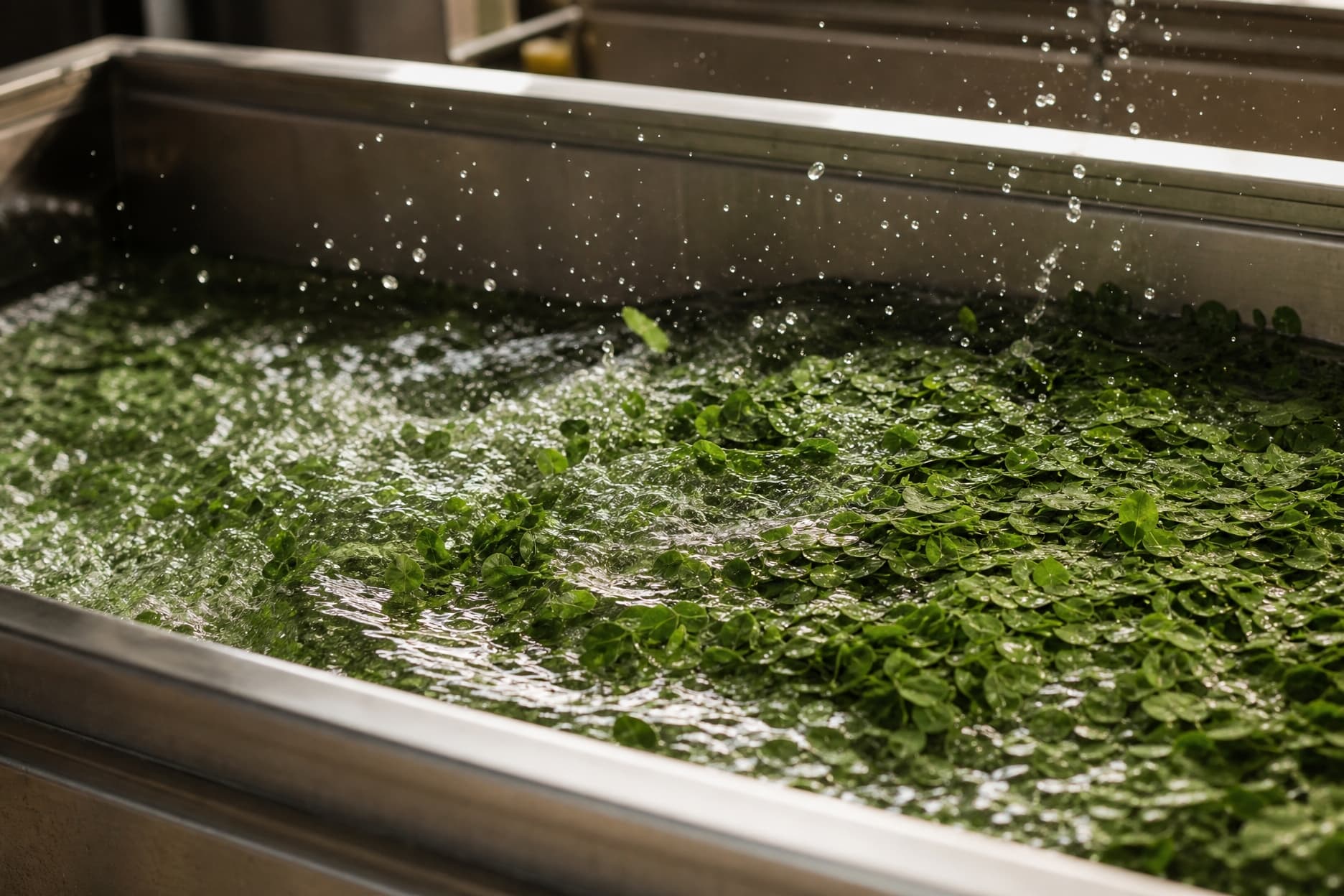 Fresh leaves under running water in a steel wash tank