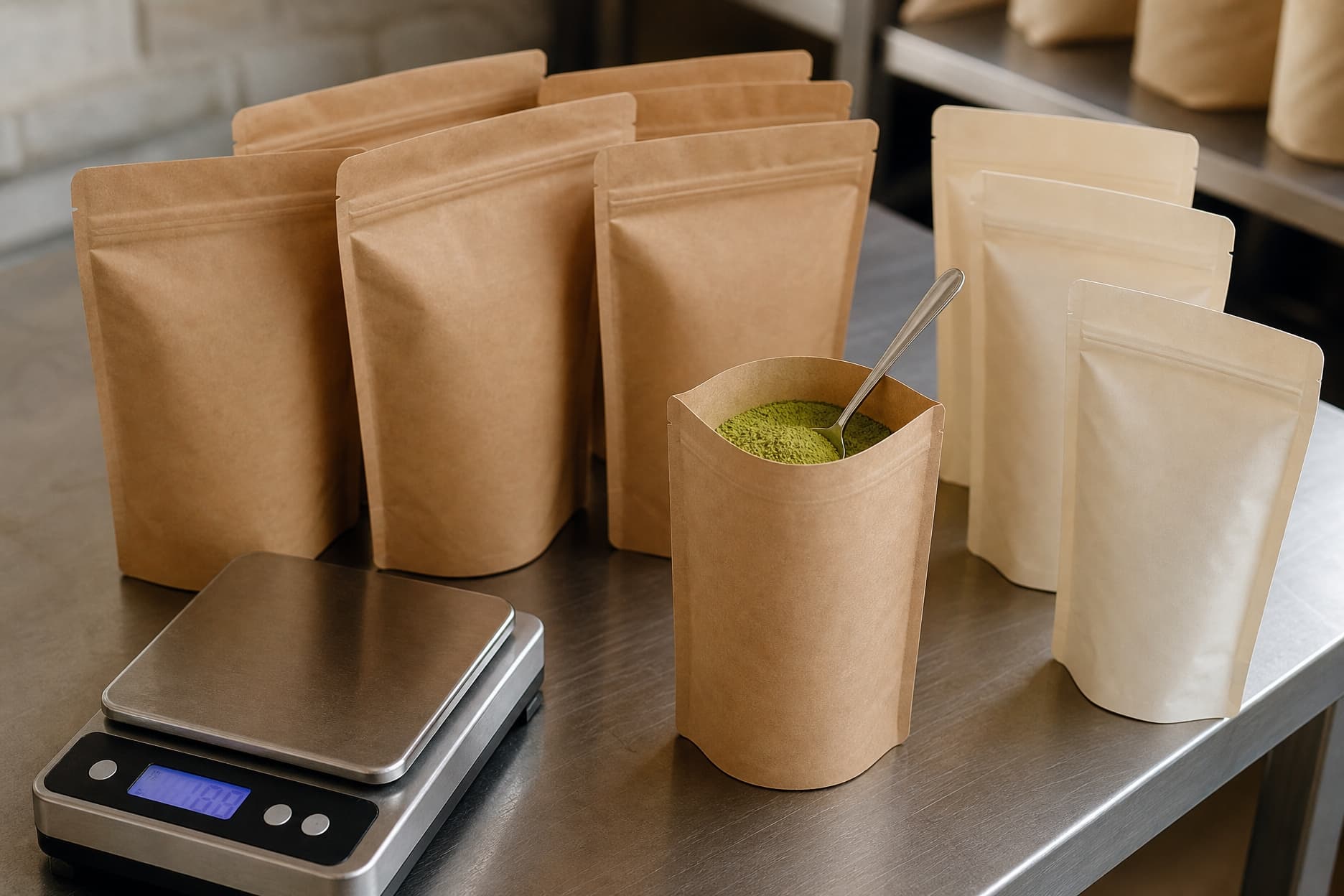 Sealed opaque pouches being weighed and labelled