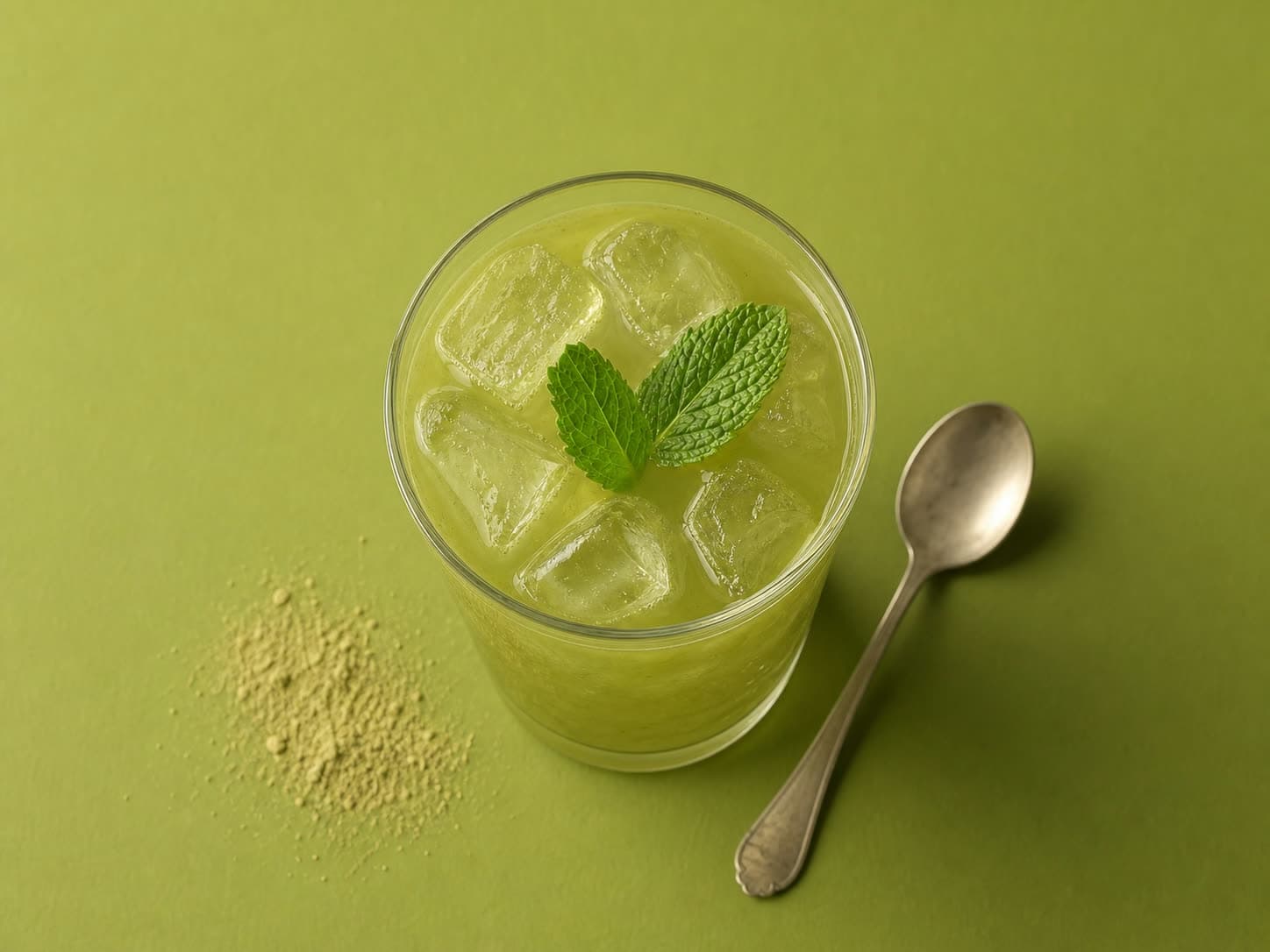 A glass of Amla Iced Green Tea over ice with mint