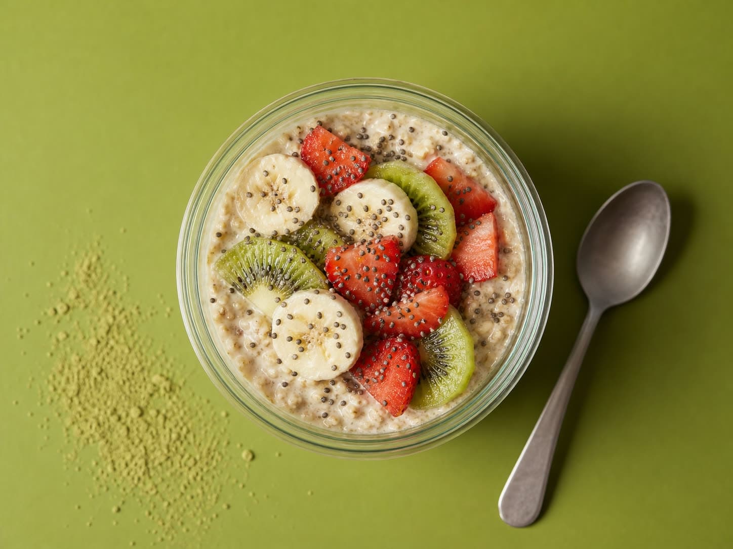 A jar of Amla Overnight Oats topped with fresh fruit