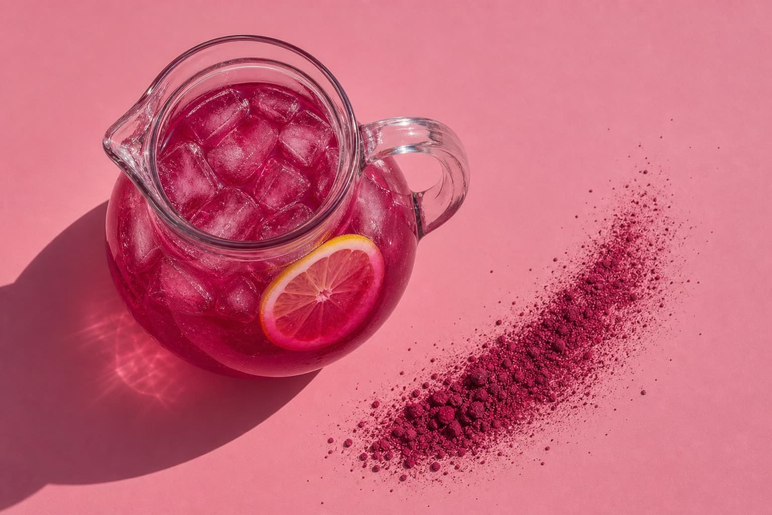 A jug of magenta Beetroot Lemonade over ice