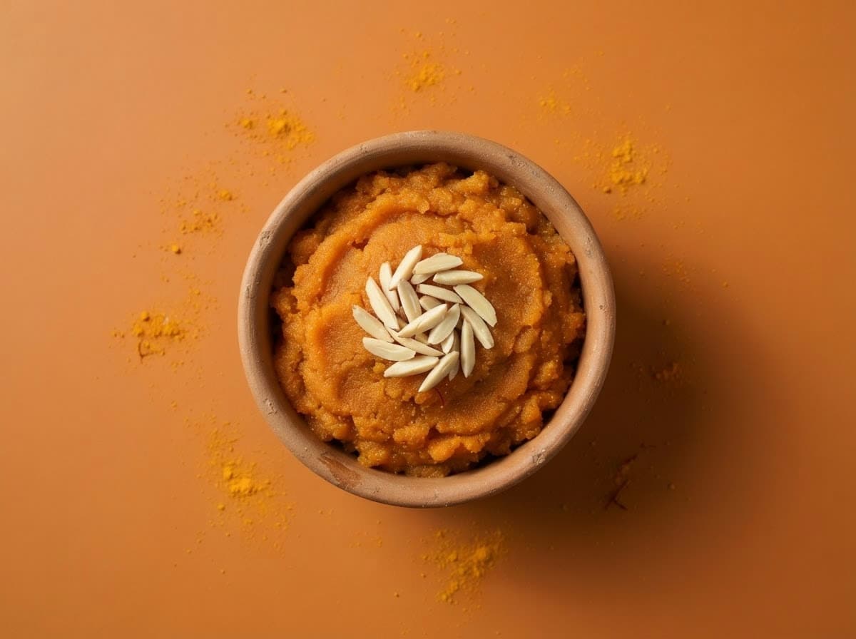 A bowl of warm Carrot Halwa garnished with nuts