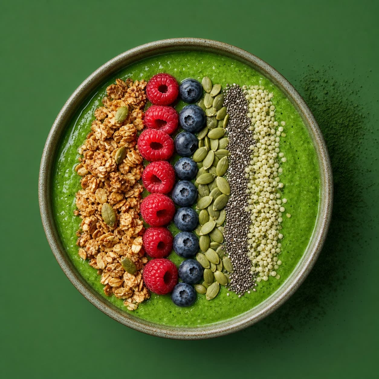 A Green Smoothie Bowl topped with granola and berries