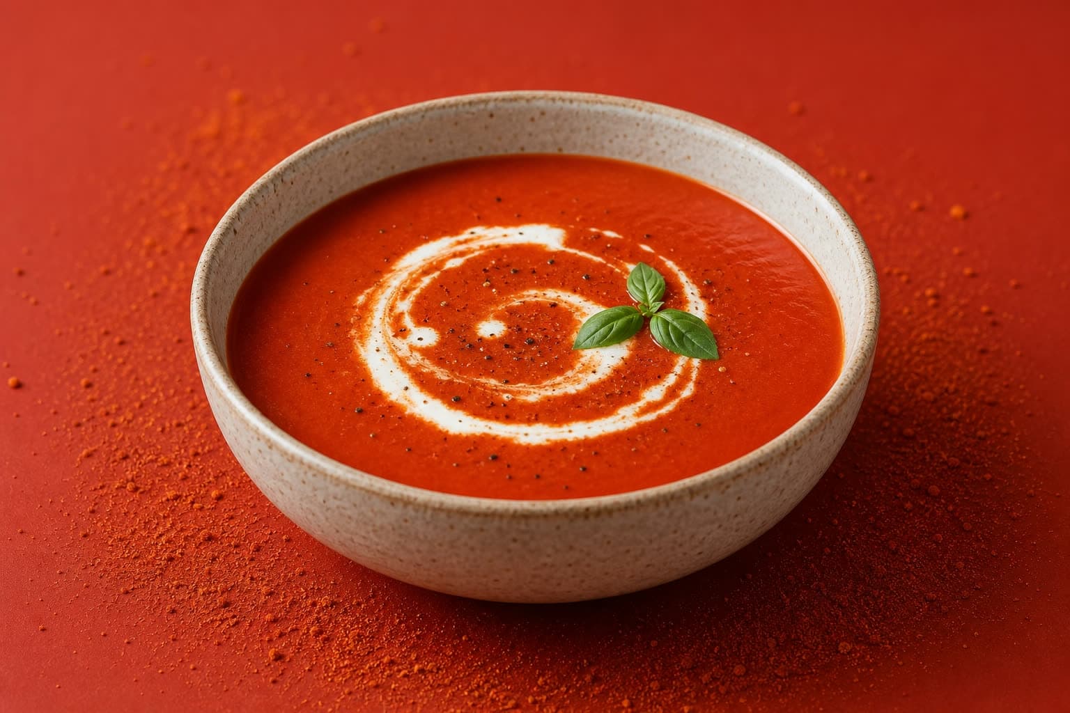 A bowl of Instant Tomato Soup garnished with basil
