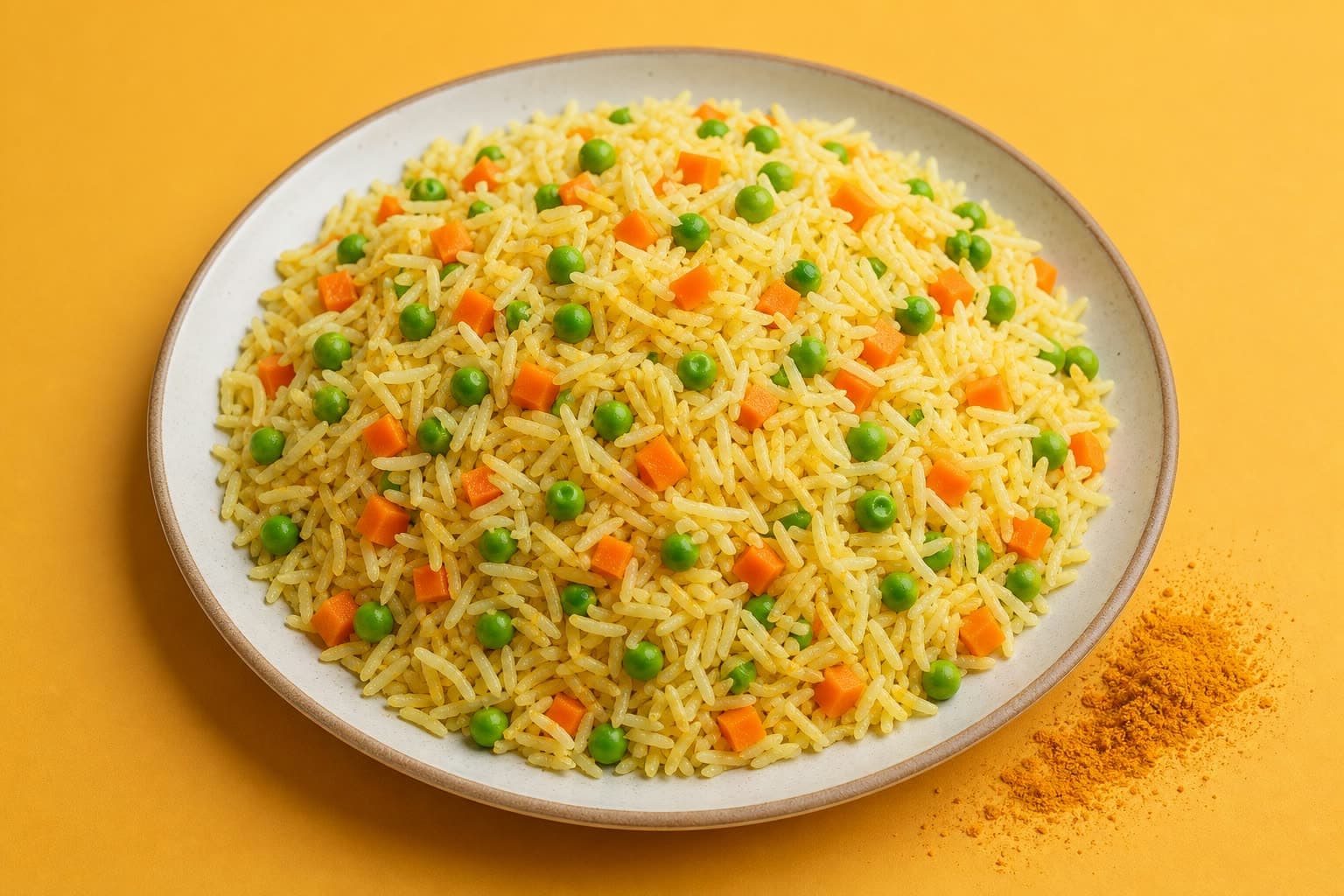 A plate of golden Turmeric Rice with peas and carrots