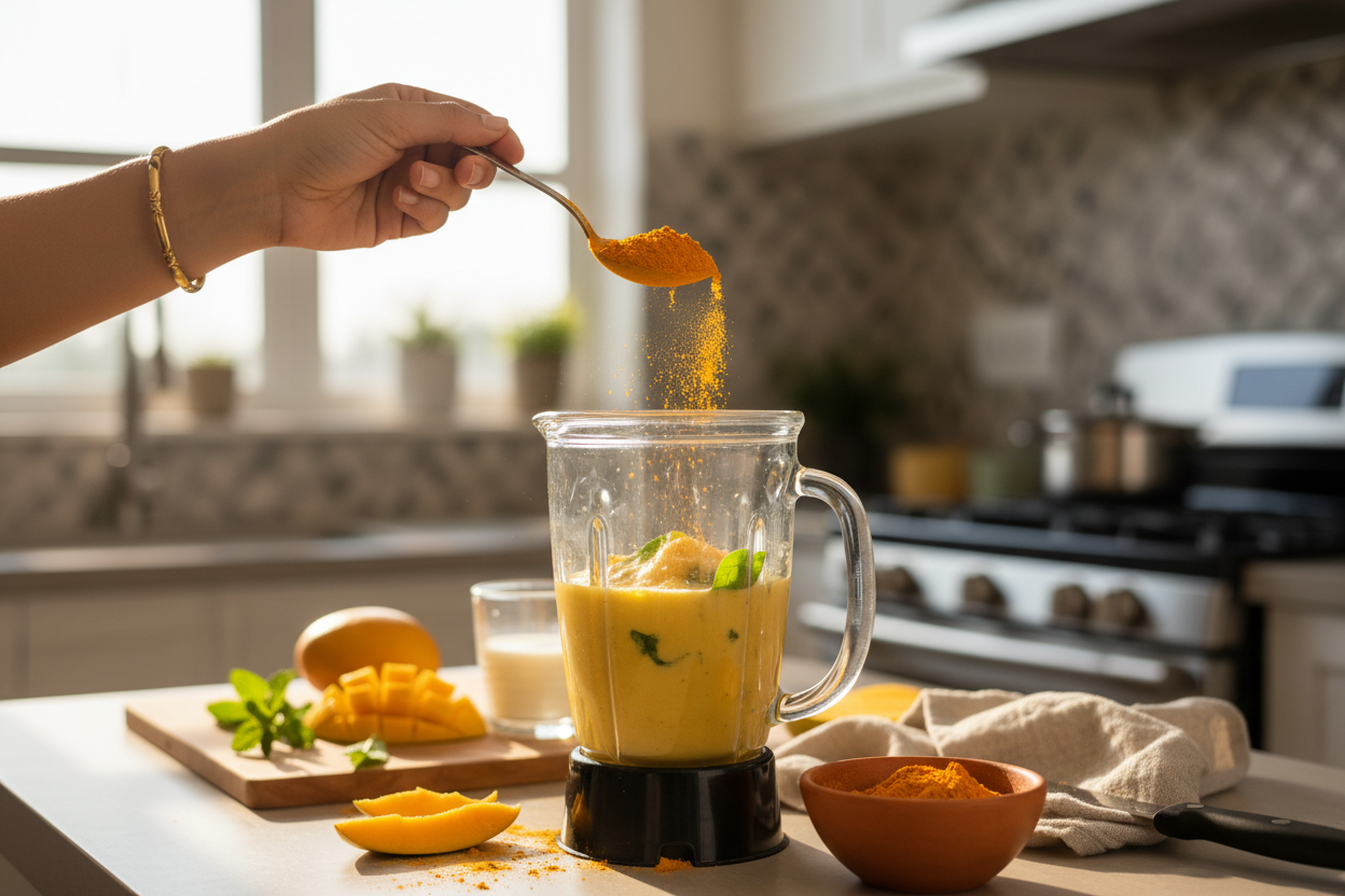 “Realistic lifestyle kitchen photography showing mango powder being added to a smoothie, human hand holding spoon with mango powder above blender jar, morning sunlight, modern Indian kitchen setting, natural messiness, shallow depth of field, candid food photography, DSLR quality, photorealistic, no stylized art”